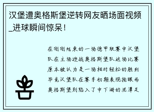 汉堡遭奥格斯堡逆转网友晒场面视频_进球瞬间惊呆！