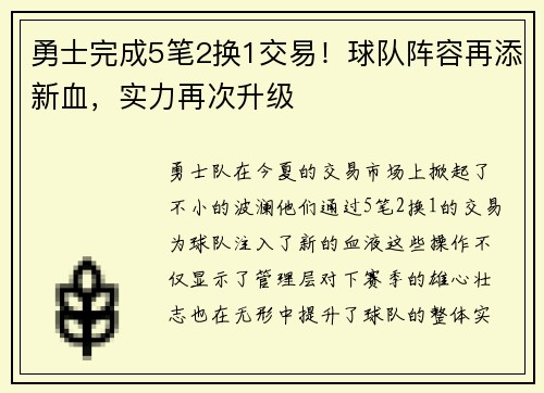 勇士完成5笔2换1交易！球队阵容再添新血，实力再次升级