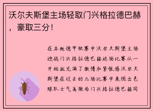 沃尔夫斯堡主场轻取门兴格拉德巴赫，豪取三分！