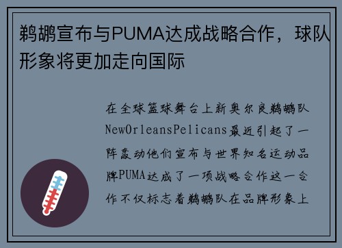 鹈鹕宣布与PUMA达成战略合作，球队形象将更加走向国际